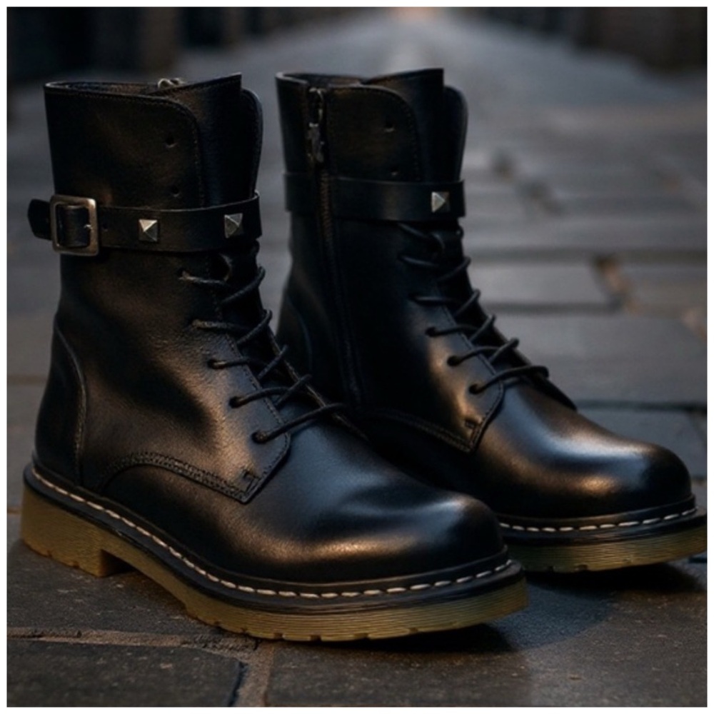 CUBANAS • Black Leather Combat Boots Includes Box - Picture 5 of 10